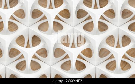 3D wallpaper of glossy white lattice elements on oak wood background. High quality seamless realistic texture. Stock Photo