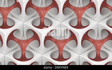 3D Wallpaper futuristic grid white and red shapes on white stucco background. High quality seamless realistic texture. Stock Photo