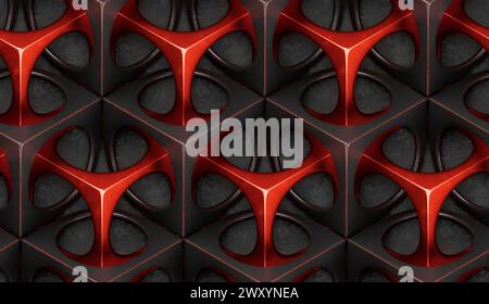 3D Wallpaper futuristic grid black and red shapes on gray stucco background. High quality seamless realistic texture. Stock Photo