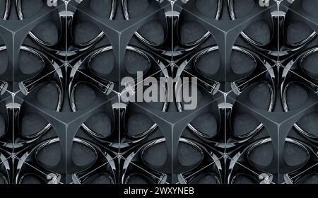 3D wallpaper futuristic chrome metal gray and old gray grid on gray stucco background. High quality seamless realistic texture. Stock Photo