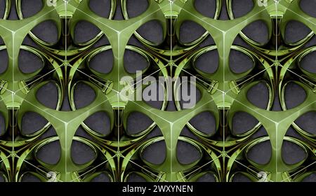 3D wallpaper futuristic green chrome metal grid on gray stucco background. High quality seamless realistic texture. Stock Photo
