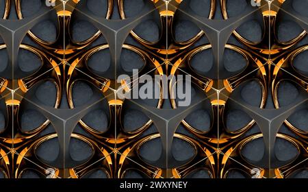 3D Wallpaper futuristic golden and old gray grid on gray stucco background. High quality seamless realistic texture. Stock Photo