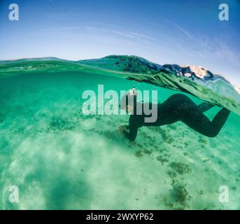A snorkeler is captured in a serene moment, effortlessly free-diving above a sandy seabed, with the water's surface reflecting the sun's rays Stock Photo
