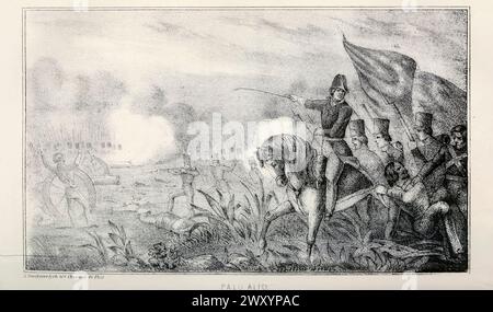 The Battle of Palo Alto from ' The army and navy of America ' by Jacob K Neff, 1852. The Battle of Palo Alto was the first major battle of the Mexican–American War and was fought on May 8, 1846, on disputed ground five miles (8 km) from the modern-day city of Brownsville, Texas. A force of some 3,700 Mexican troops – most of the Army of The North – led by General Mariano Arista engaged a force of approximately 2,300 United States troops – the Army of Occupation led by General Zachary Taylor. Stock Photo