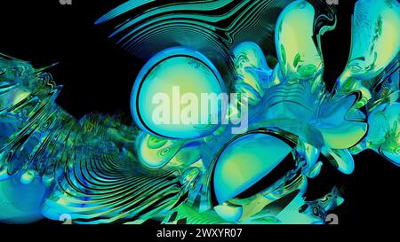 A vibrant abstract image showcasing neon fractal waves with glowing spherical shapes and fluid-like patterns in a dark setting Stock Photo