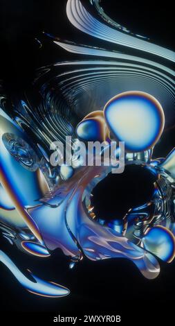 An abstract digital artwork showcasing fluid shapes with gradient shades of blue and orange against a stark black background, creating a sense of dept Stock Photo