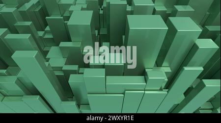 A 3D illustration of a seamless pattern of varying sizes of green cubes on a uniform grid forming an abstract background Stock Photo