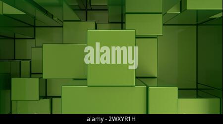 A digital 3D render of multiple, interconnected green cubes creating a geometric pattern with a modern and abstract aesthetic Stock Photo