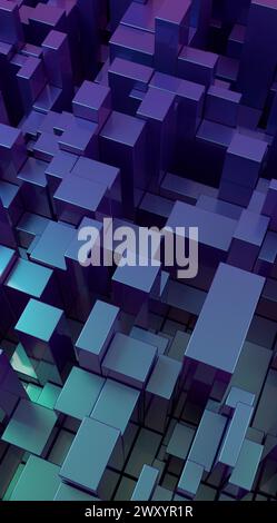A visually engaging abstract background featuring a complex grid of 3D purple cubes with varying heights and shades Stock Photo