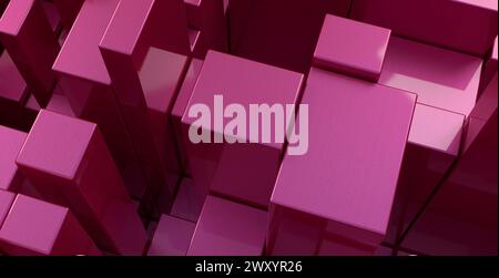 An array of glossy pink cubes arranged in a grid pattern with varying elevations creating a geometric, 3D effect Stock Photo