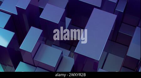 Abstract background featuring an array of purple and blue 3D cubes in a grid-like structure with varying depths Stock Photo