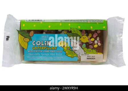 Packet of Marks & Spencer Colin the Caterpillar with Easter Lamb and Chick - mini Colin the caterpillars cakes isolated on white background Stock Photo