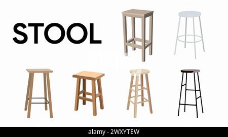 Vector isolated different Bar Stools Set on a white background. Bar Furniture set Stock Vector