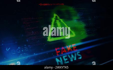 Fake news hoax and disinformation symbol technology concept. Abstract sign on glitch screens 3d illustration. Stock Photo