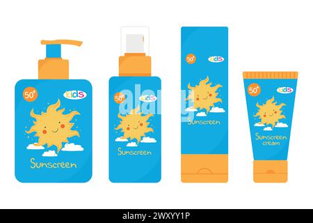 Sunscreen products for kids. Design with a cute sun. SPF 50 cream, spray, lotion, milk. Vector illustration Stock Vector