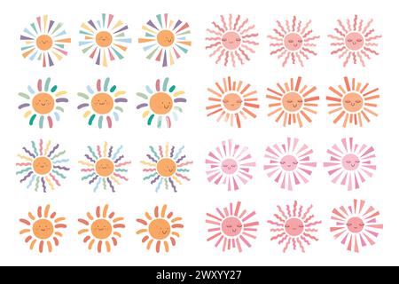 Collection of cute hand drawn smiling suns in different shapes and colors. For baby shower cards and invitations, nursery and kids room decoration, pr Stock Vector