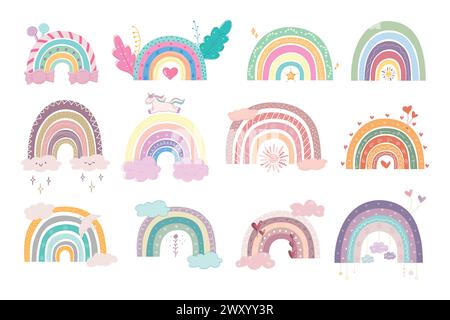 Cute hand drawn different colorful rainbows with decorations. Scandinavian style rainbows, candy rainbow, unicorn, hearts, plants and stars. Vector il Stock Vector