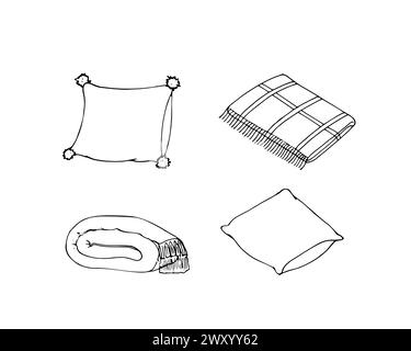 Cozy home icons set, pillows and blankets, plaid blanket, soft pillow. Hand-drawn illustration isolated on white. Stock Vector