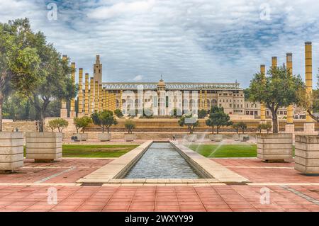 BARCELONA - AUGUST 11: The scenic and essential architecture of the Olympic Park on Montjuic hill, Barcelona, Catalonia, Spain, on August 11, 2017 Stock Photo