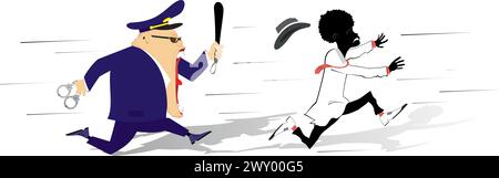 African man runs away from an angry policeman. Police officer with handcuffs and baton trying to catch up an African man Stock Vector