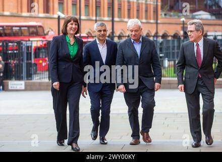 London, England, UK. 3rd Apr, 2024. (left to right) Shadow Chancellor RACHEL REEVES, Mayor of London SADIQ KHAN, Chief Executive and Director of the Francis Crick Institute, Sir PAUL NURSE and Lord JOHN BROWNE arrive for a visit to the Francis Crick Institute in London to announce a new London Growth Plan to boost economic growth. (Credit Image: © Tayfun Salci/ZUMA Press Wire) EDITORIAL USAGE ONLY! Not for Commercial USAGE! Stock Photo