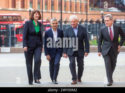 London, England, UK. 3rd Apr, 2024. (left to right) Shadow Chancellor RACHEL REEVES, Mayor of London SADIQ KHAN, Chief Executive and Director of the Francis Crick Institute, Sir PAUL NURSE and Lord JOHN BROWNE arrive for a visit to the Francis Crick Institute in London to announce a new London Growth Plan to boost economic growth. (Credit Image: © Tayfun Salci/ZUMA Press Wire) EDITORIAL USAGE ONLY! Not for Commercial USAGE! Stock Photo