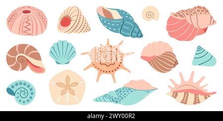 Sea shell cartoon set. Ocean exotic underwater seashell conch aquatic ...