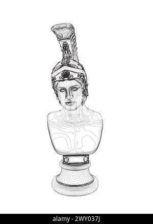 Vector illustration of a bust of Greek God Ares. Statue bust outline made of black lines isolated on white background. Stock Vector