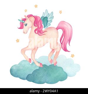 Watercolor illustration of a cute jumping unicorn with wings on clouds ...