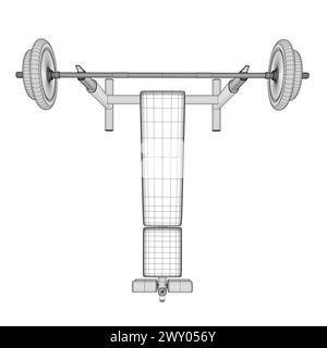 Wireframe of Gym bench and barbell on white stand isolated on white background. Vector illustration. Line art vector of Barbell Bench Press. Top view. Stock Vector