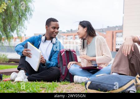 Two multiracial college students sitting together on campus lawn reviewing exam Stock Photo