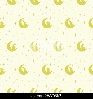 Colorful Easter bunnies seamless vector pattern. Beige simple background with young moon. Different size elements endless texture. Vector endless text Stock Vector