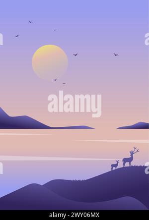 Silhouette of deer standing in spring dusk seaside. Magical morning landscape, deer couple illustration. Mid century Japanese modern minimalist art pr Stock Vector