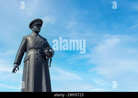 Monumental statue of Ataturk with blue sky background, symbolizing leadership. Ezrurum ,Turkey - August 2023. Stock Photo