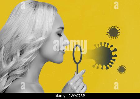 Composite 3D photo collage trend artwork image of young attractive lady blow virus illness infection instead of soap bubbles hold in hand Stock Photo