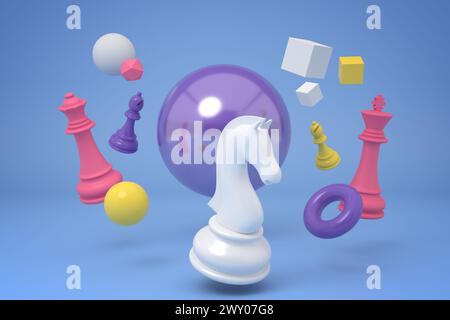 Floating 3D chess pieces with geometric shapes Stock Photo