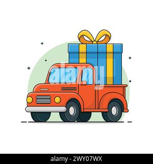 Red Truck with Blue Gift Box Vector Illustration. Free Shipping Concept Design Stock Vector