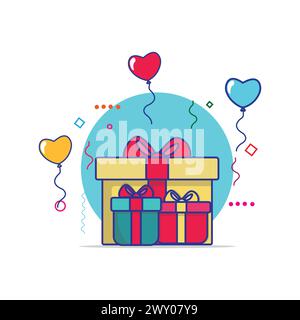 Cute Gift Boxes With Balloons Vector Illustration. Beautiful Presents Gifts Flat Design for kids Stock Vector