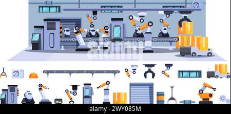 Robot conveyor belt icons set cartoon vector. Machinery line. Industry production Stock Vector