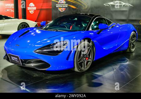 Thailand-27 March 2024: Blue Mclaren 720s m840t v8 turbo engine, at 45th Bangkok International Motor Show in Nonthaburi Stock Photo