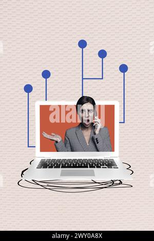 3D photo collage composite trend artwork image of black white silhouette busy office manager woman appear from laptop talk on phone Stock Photo