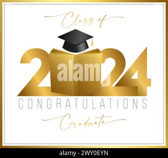 Class of 2024 graduation congrats. Golden number 20 24 with open book. 3D graphic elements. Diploma design. Wallpaper banner with cute gold frame. Stock Vector