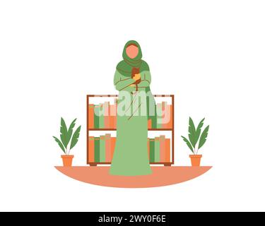 Young modern Muslim woman in hijab standing in the library holding a cat as a pet. Flat style vector illustration. Animal fostering and adoption Stock Vector