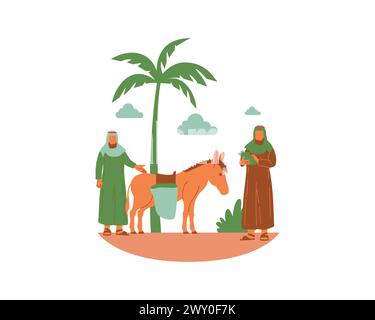 Arabic people with donkey and palm tree vector illustration design. Stock Vector