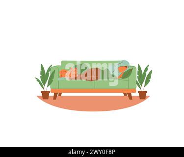 cute young Muslim Arabic girl sleeps with a cat in sofa next to  houseplants. vector illustration design for animal fostering and adoption concept Stock Vector