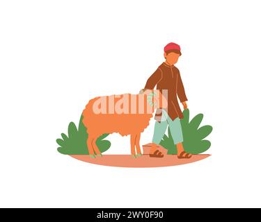 Young happy farmer with a sheep. Flat vector illustration on white background. Animal fostering and adoption concept design Stock Vector