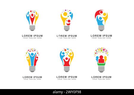 A set of six light bulb logos with people inside. Light bulbs are available in various colors and shapes Stock Vector