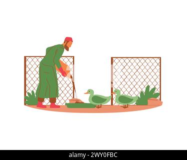 Arab young man gardener feed the ducks. Animal fostering and adoption illustration and concept. Vector illustration for animal and nature life Stock Vector