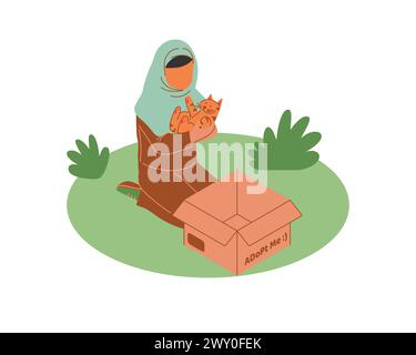 Muslim woman with a cat in a box. Animal caring adoption and fostering Flat vector illustration. Stock Vector