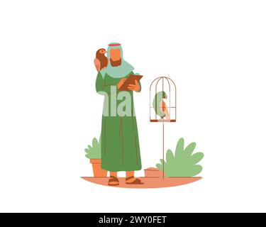 An arabic man with birds in a cage and on his shoulders. Vector design for animal fostering and adoption concept illustration Stock Vector
